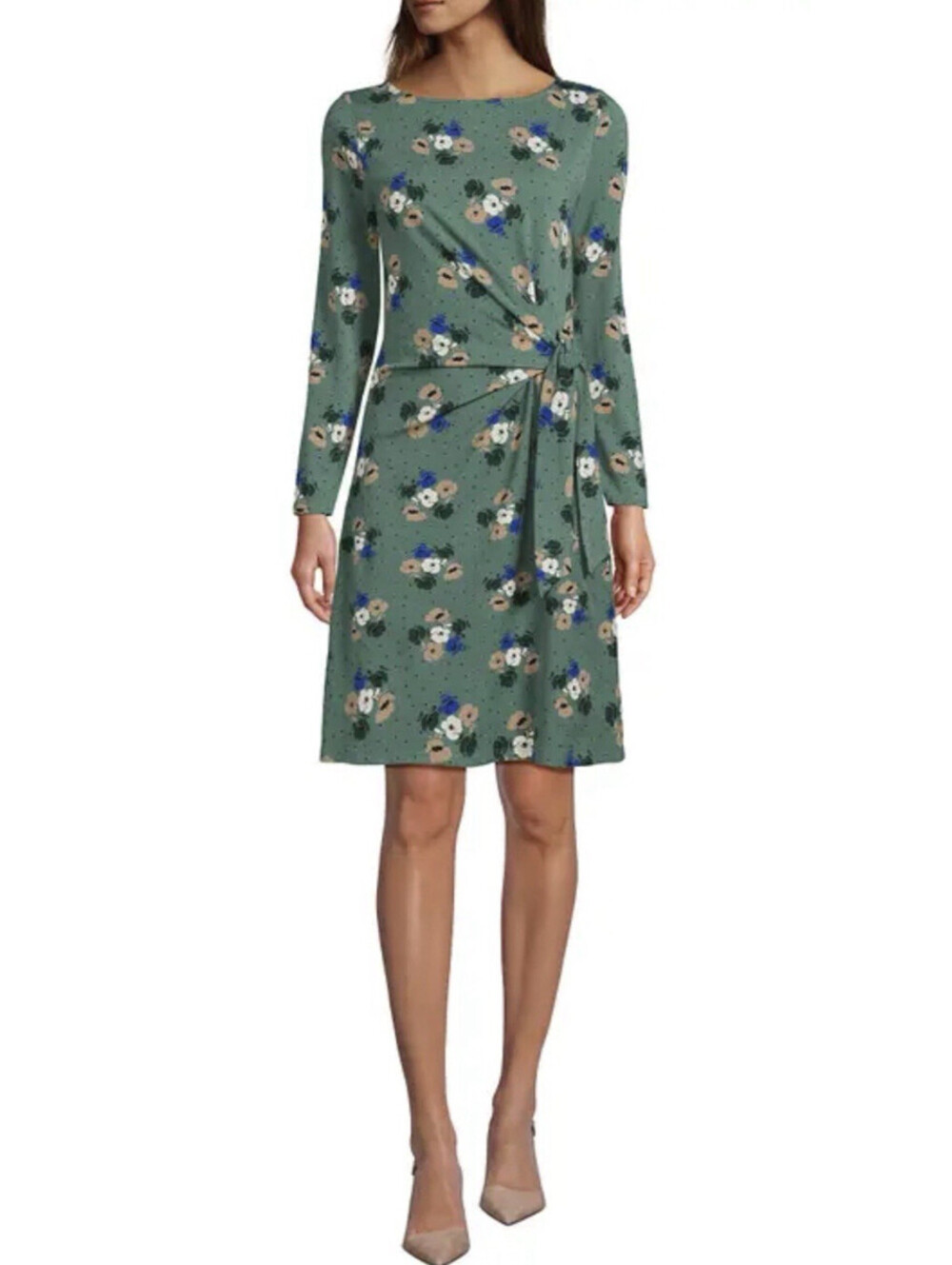 NWT Lands End Tencel Wrap Midi Dress M 10/12 Boatneck LS Tie Waist Green Floral